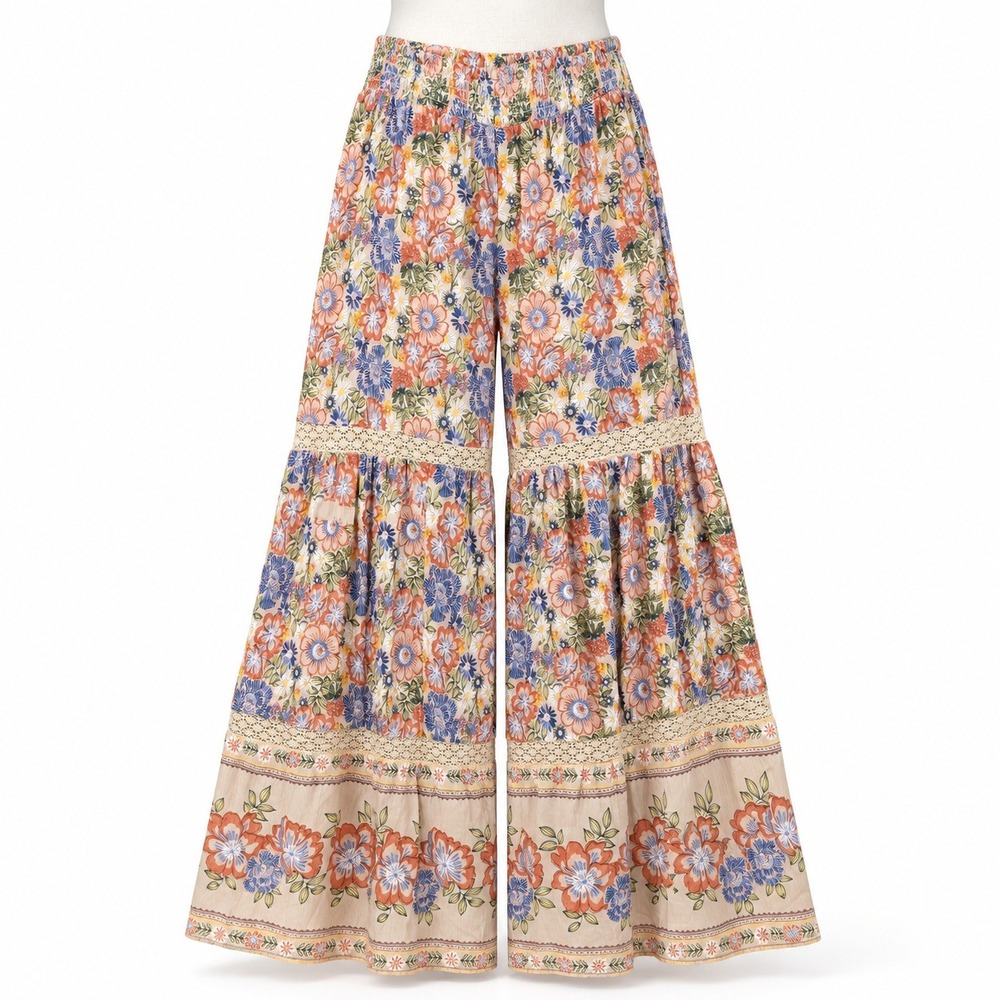 Angie Floral Tiered Wide Leg Palazzo Pants Size L Crochet Lace Boho Hippie Flowy